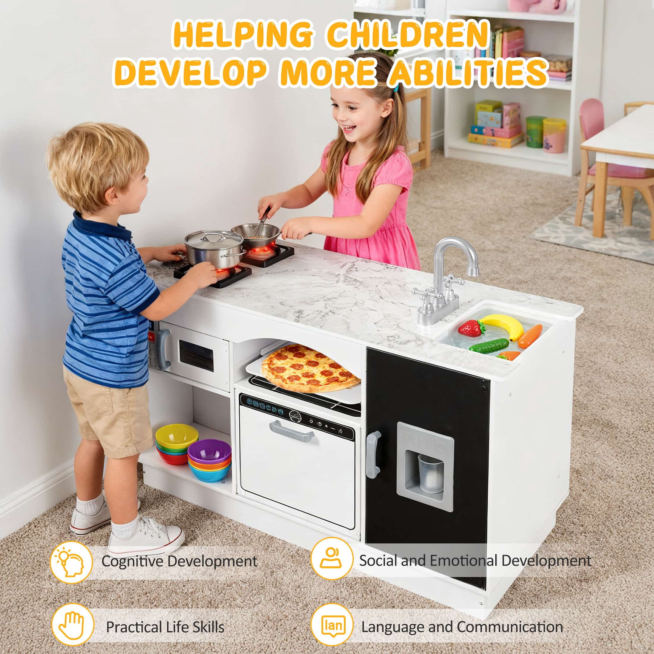 COCLUB Modern Wooden Play Kitchen Island for Kids, Pretend Play Center w/ Electronic Light & Sound Effects, Kids Kitchen Playset | Microwave, Washer, Ice Maker, Chalkboard & Accessories Included
