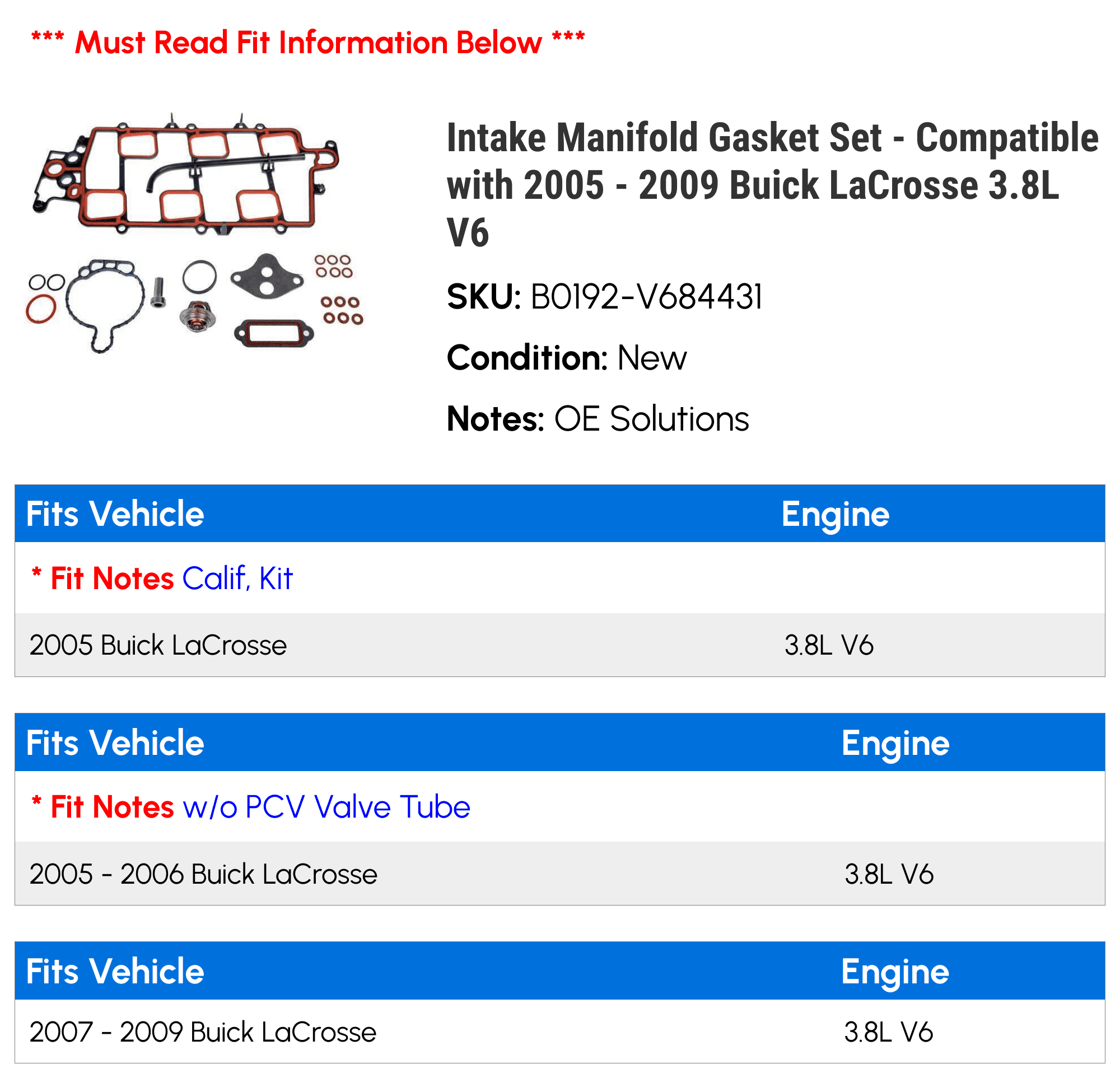 Intake Manifold Gasket Set - Compatible with 2005 - 2009 Buick LaCrosse 3.8L V6 2006 2007 2008