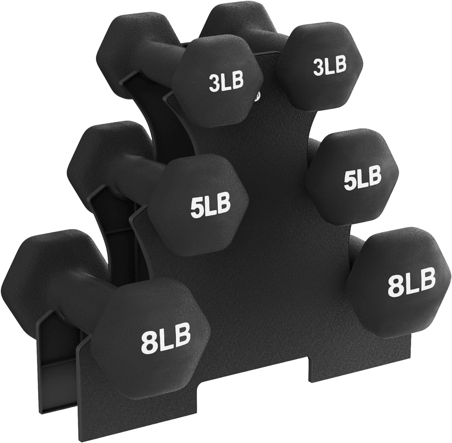 Neoprene Coated Hex Dumbbell Set with Stand, 32lb Total (3/5/8lb Pairs), Non-Slip Grip Hand Weights for Strength Training & Home Gym Workouts