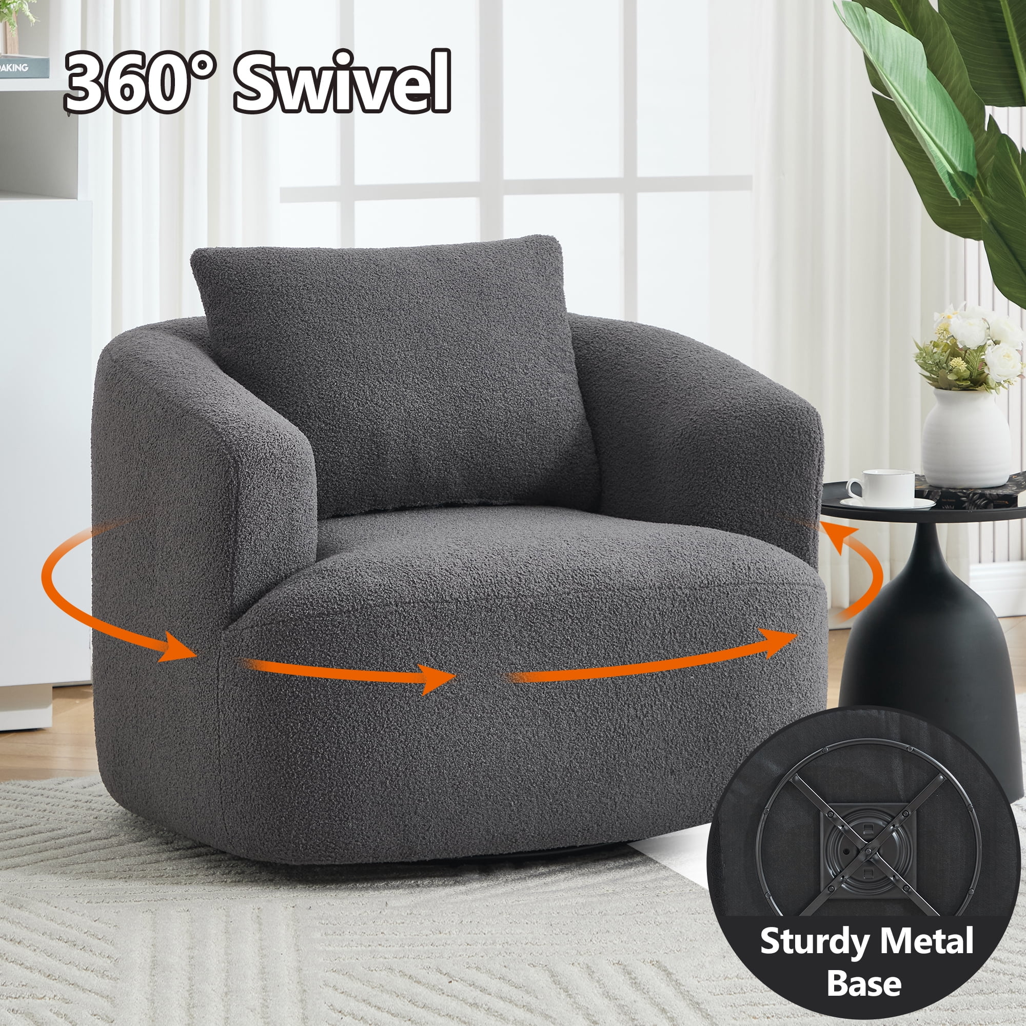 Swivel Accent Chair,360° Round Upholstered Armchair with One Soft Pillow,Teddy Fleece High-Resilience Sponge Single Sofa for Living Room, Bedroom, Apartment,No Assembly,Antique Dark Grey