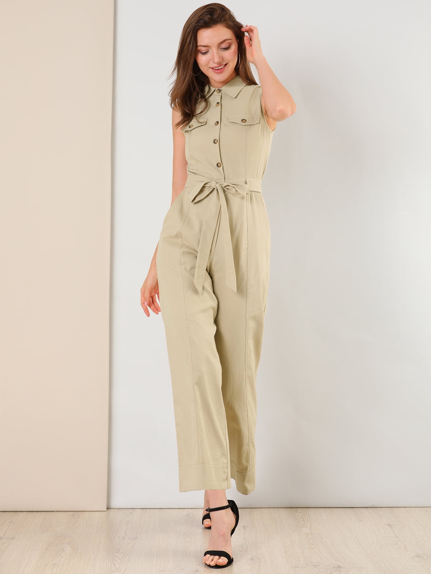 DARING DIVA Women's Wide Leg Jumpsuit Collared Tie Waist Coverall S Khaki