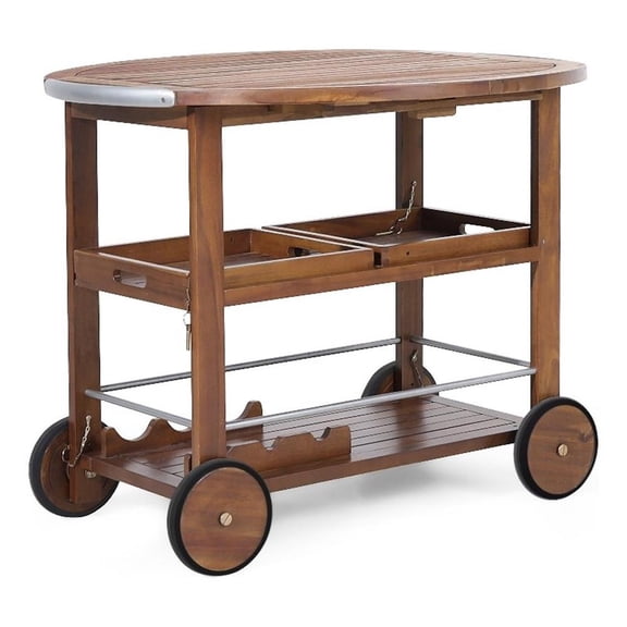 Benjara Rolling Bar Cart- 36" Rectangular- 3 Tier- Oak Brown Wood- Silver
