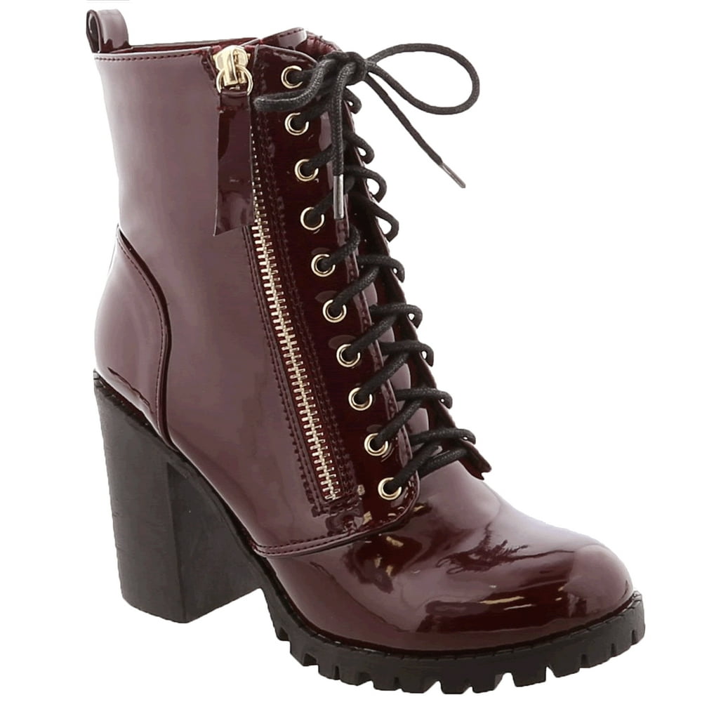 SNJ - Womens Chunky Heel Platform Lug Sole Lace Up Ankle Combat Bootie ...