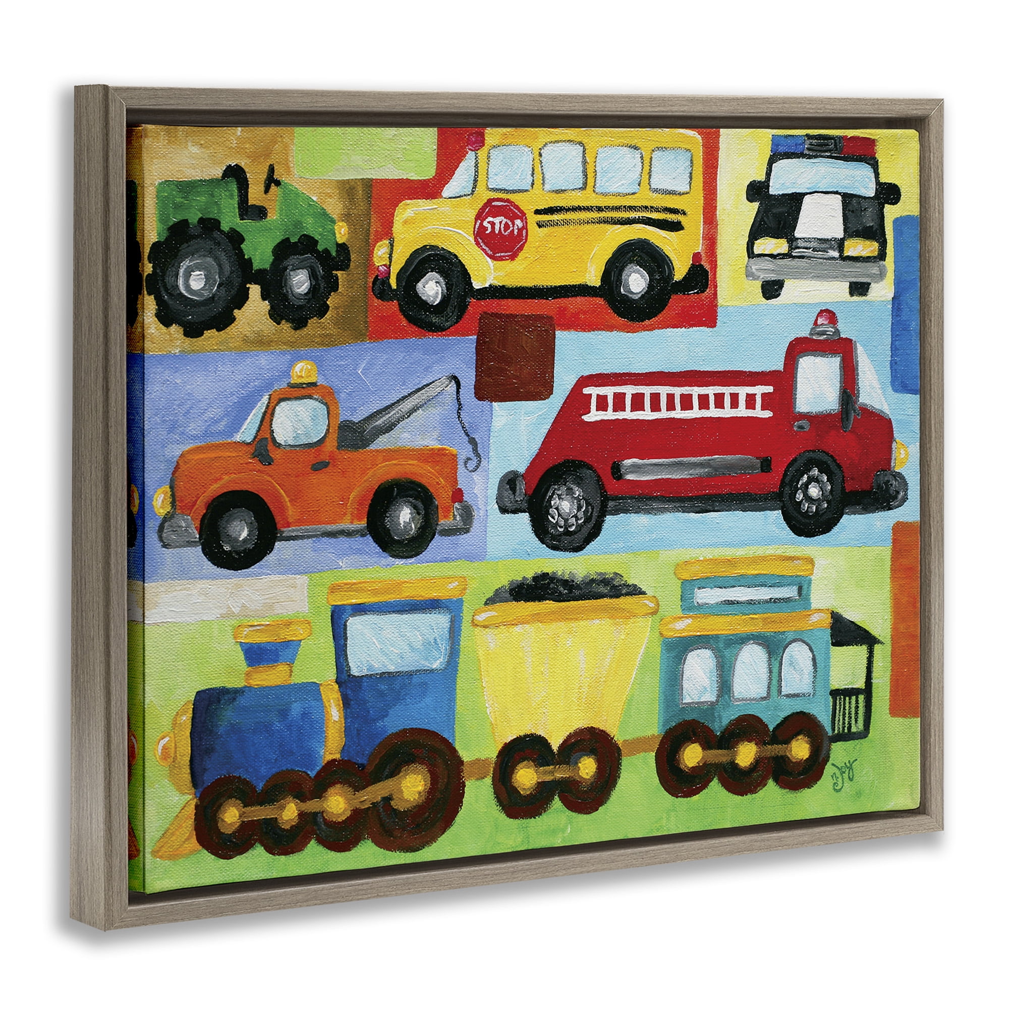 Stupell Industries Whimsical Transportation Collage Art for Kids Painting Brown Floater Framed Canvas Art Print Wall Art, 21 x 17