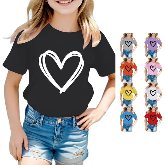RUTAYY Girls Casual T-Shirt Crew Neck Heart Print Short Sleeve Daily Wear Top Black