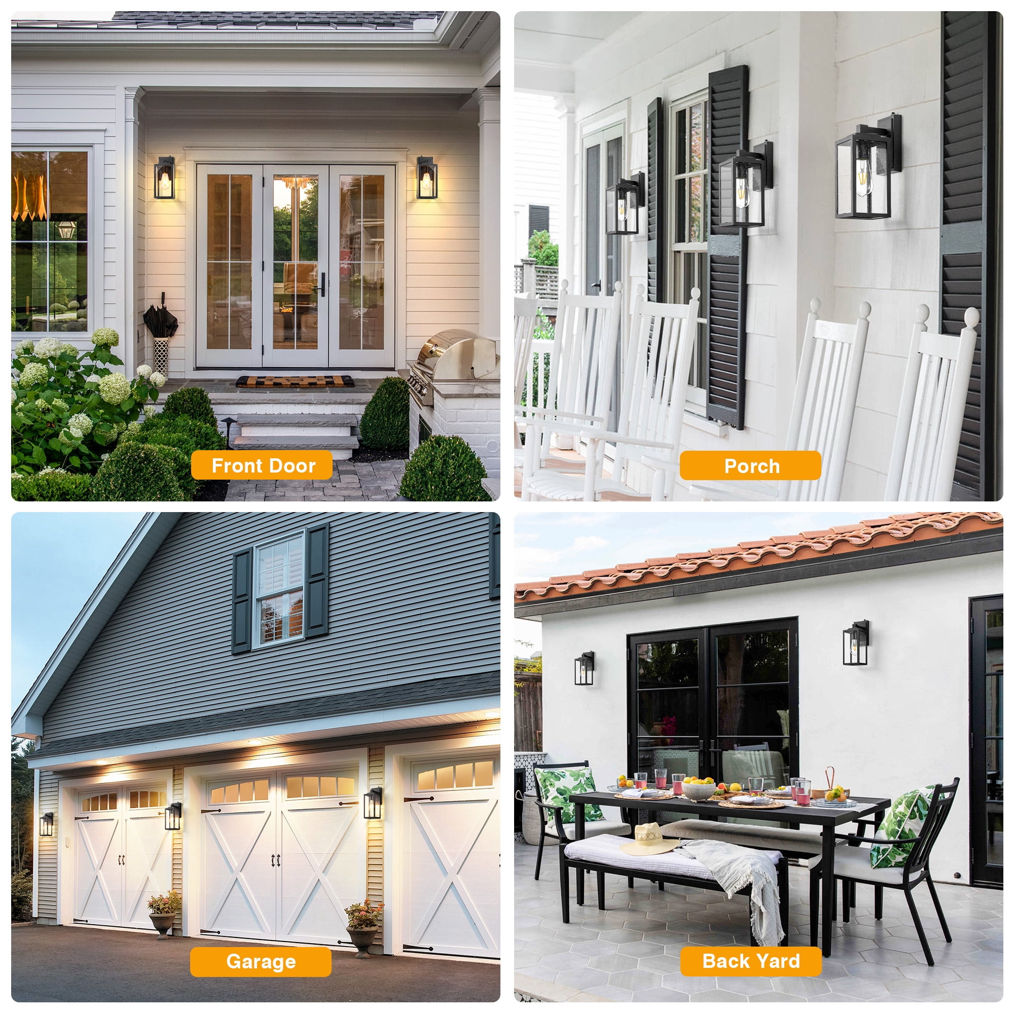 VIANIS Dusk to Dawn Outdoor Porch Lights Wall Mount, Modern Black Outdoor Wall Sconce Lanterns, Anti-Rust Waterproof Exterior Lights Fixtures for House with Tempered Seeded Glass Shade