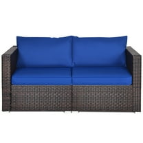 Costway 2PCS Patio Rattan Corner Sofa Sectional Furniture Navy Cushion