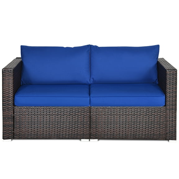 Costway 2PCS Patio Rattan Corner Sofa Sectional Furniture Navy Cushion