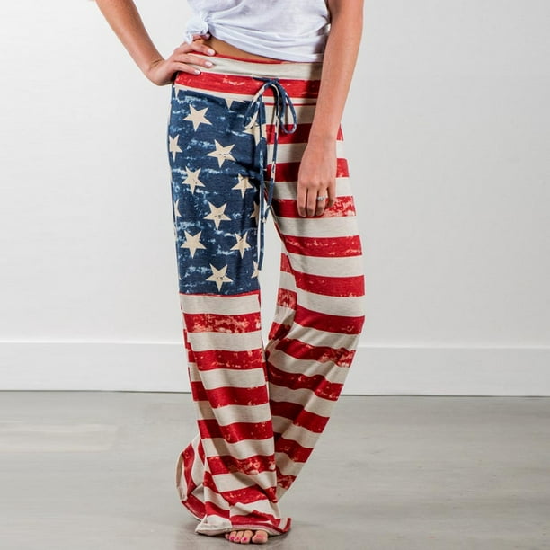 jovati Drawstring Pants Women Women American Flag Drawstring Wide Leg Pants  Leggings XL