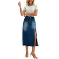 thumbnail image 2 of Falda de mezclilla para mujer INSPIRE CHIC, falda lápiz elástica de línea A con abertura lateral, cintura alta, falda de jeans S azul oscuro, 2 of 6