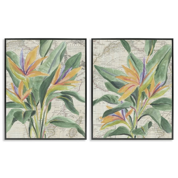Stupell Industries Flowers over Vintage Map Floral Painting Black Framed Art Print Wall Art, 11 x 14, Set of 2