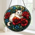 White Cat with Red Poppy Flowers Stained Glass Panel – Elegant Window ...