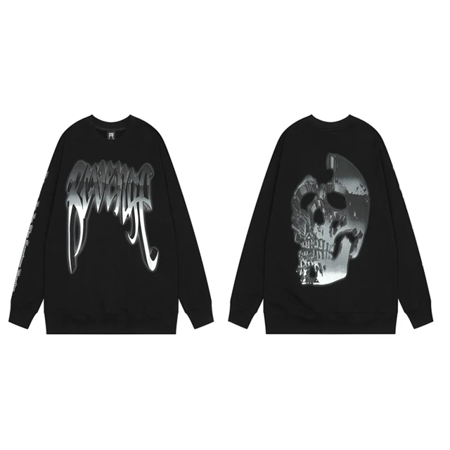 Sudadera con capucha informal de moda, bordado de venganza, nicho de hueso largo, cabeza de Calavera, estilo americano, ajuste suelto, High StreetNegro 5582