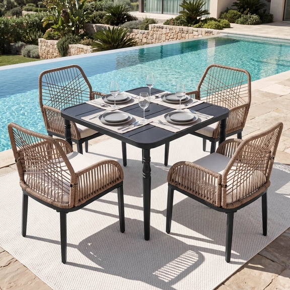 Nuu Garden 5-Piece Outdoor Dining Set, Outdoor Table and Chairs, All Weather Patio Furniture Set with Umbrella Hole, Beige Cushions, Double-Layer Handwoven Twisted Rattan Backrest, Brown and Black
