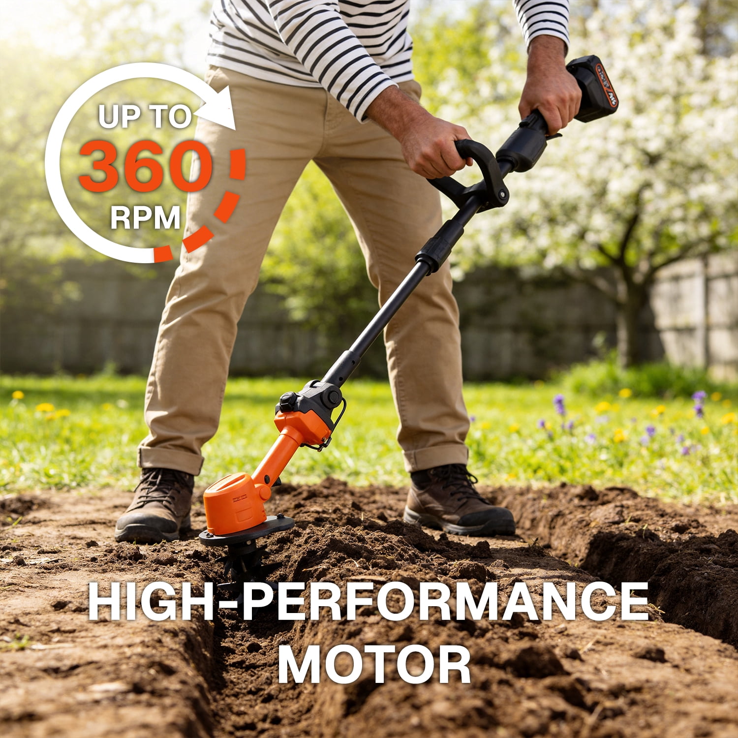 BN-LINK Cordless Tiller Cultivator, 360RPM Electric Garden Tiller, with Batteries & Charger, Garden Rototiller for Lawn/Gardening/Soil Cultivation