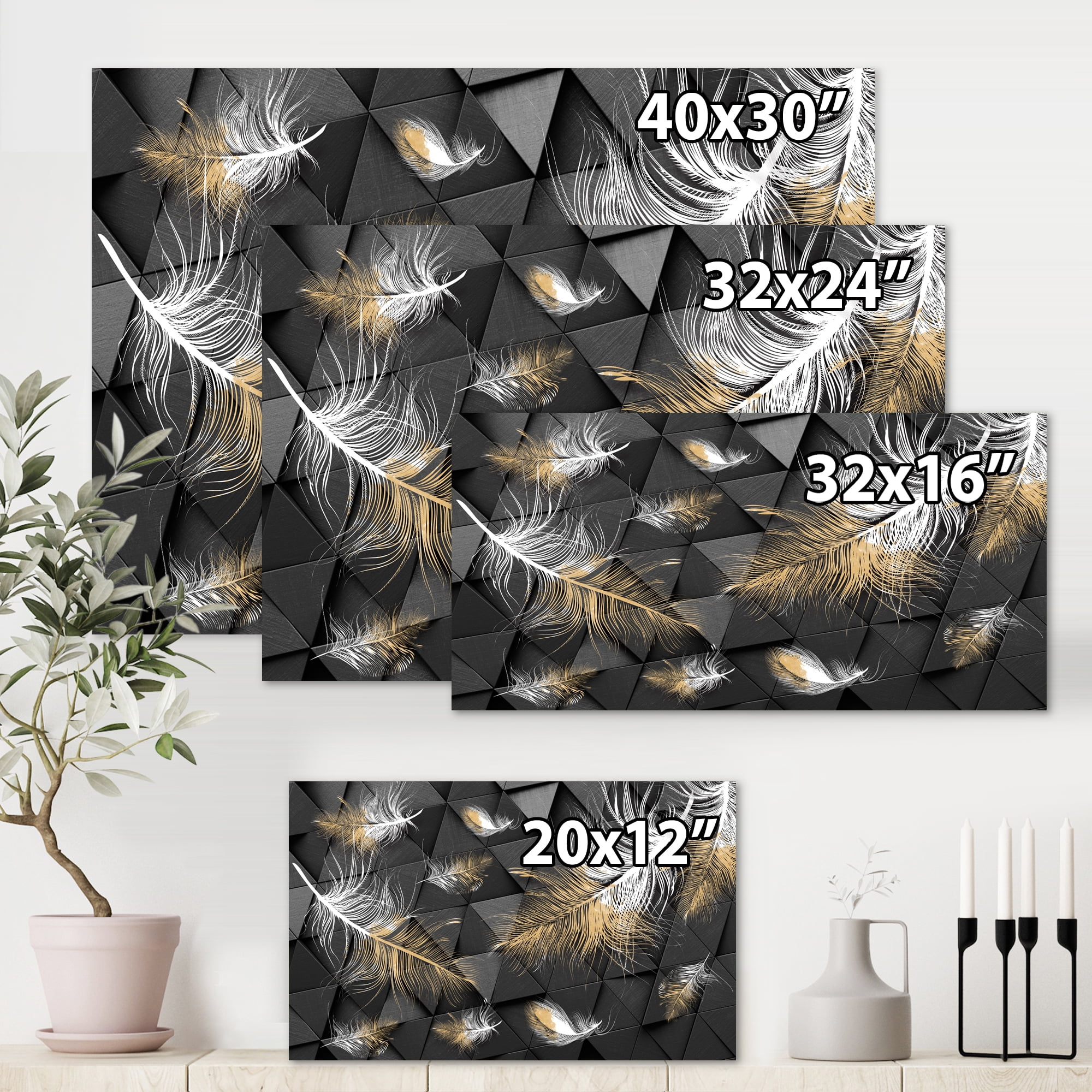 Gold and White Feathers On Triangular 8 in x 12 in Painting Canvas Art Print, by Designart