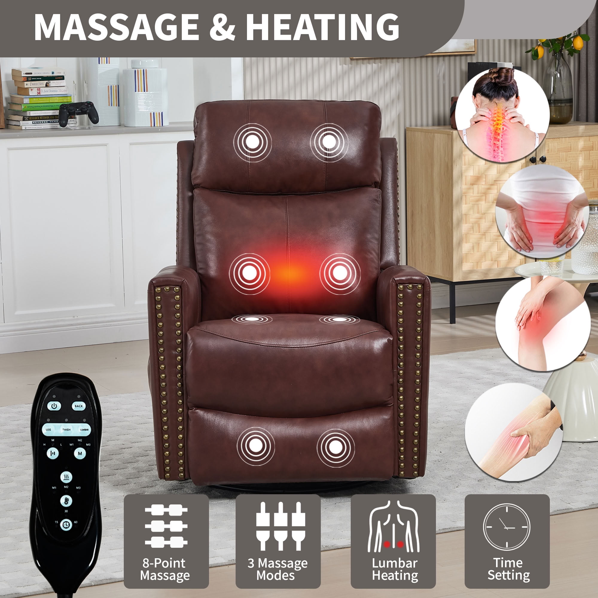MAYEERTY Genuine Leather Swivel Recliner Chair, Manual Rocker Lounge Chair with 8-Point Massage & Lumbar Heat, for Living Room Home Theater