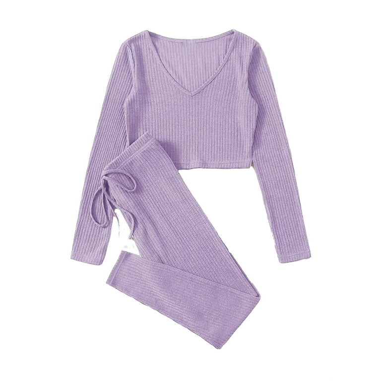 Casual Solid V neck Long Sleeve Lilac Purple Womens Top & Leggings (Women's)  