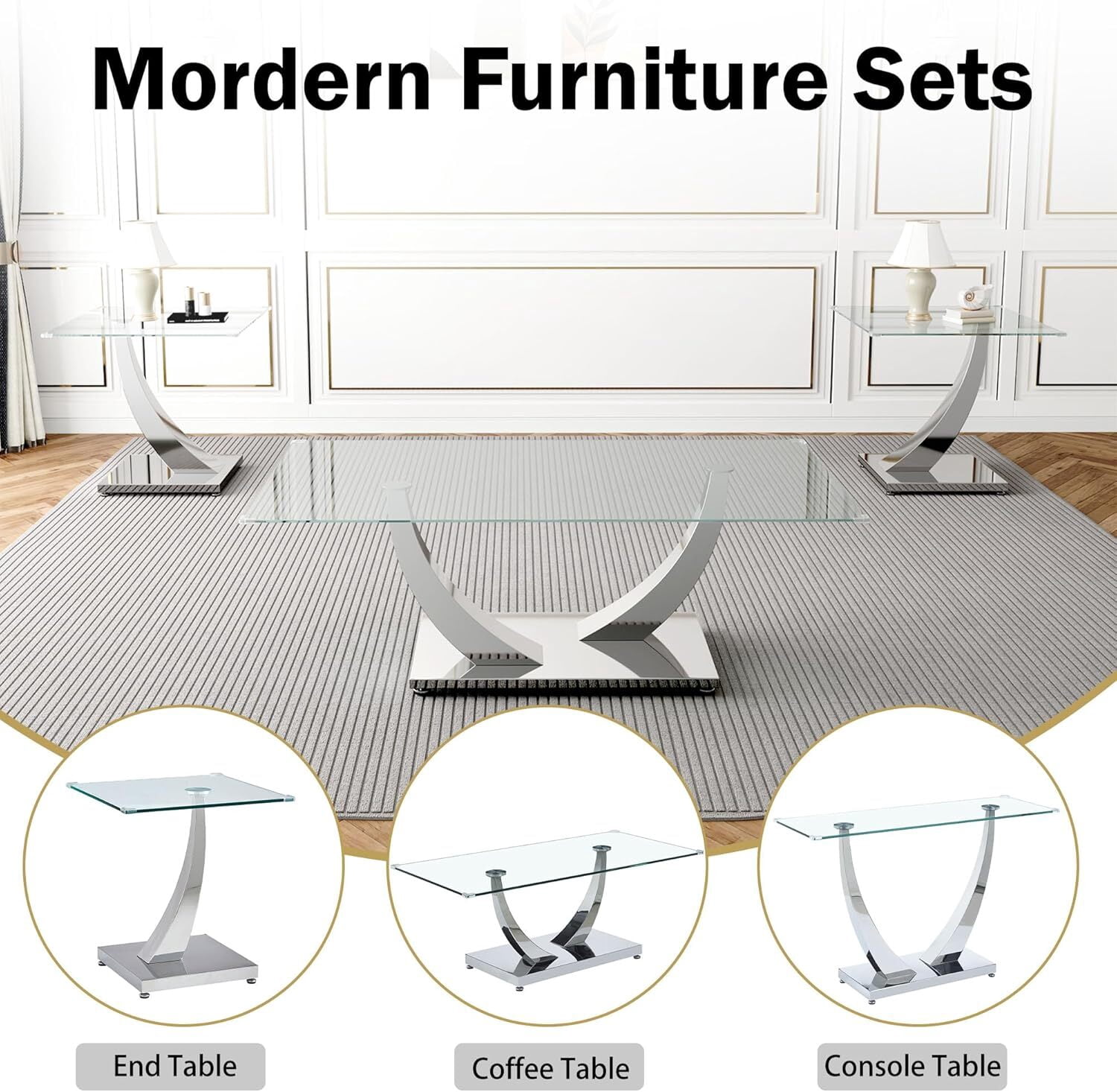 47" Glass Coffee Table, Modern Living Room Table with 0.39" Tempered Glass Top & Mirrored U-Shape Stainless Steel Base, Sofa Center Table for Apartment, Home, Office.