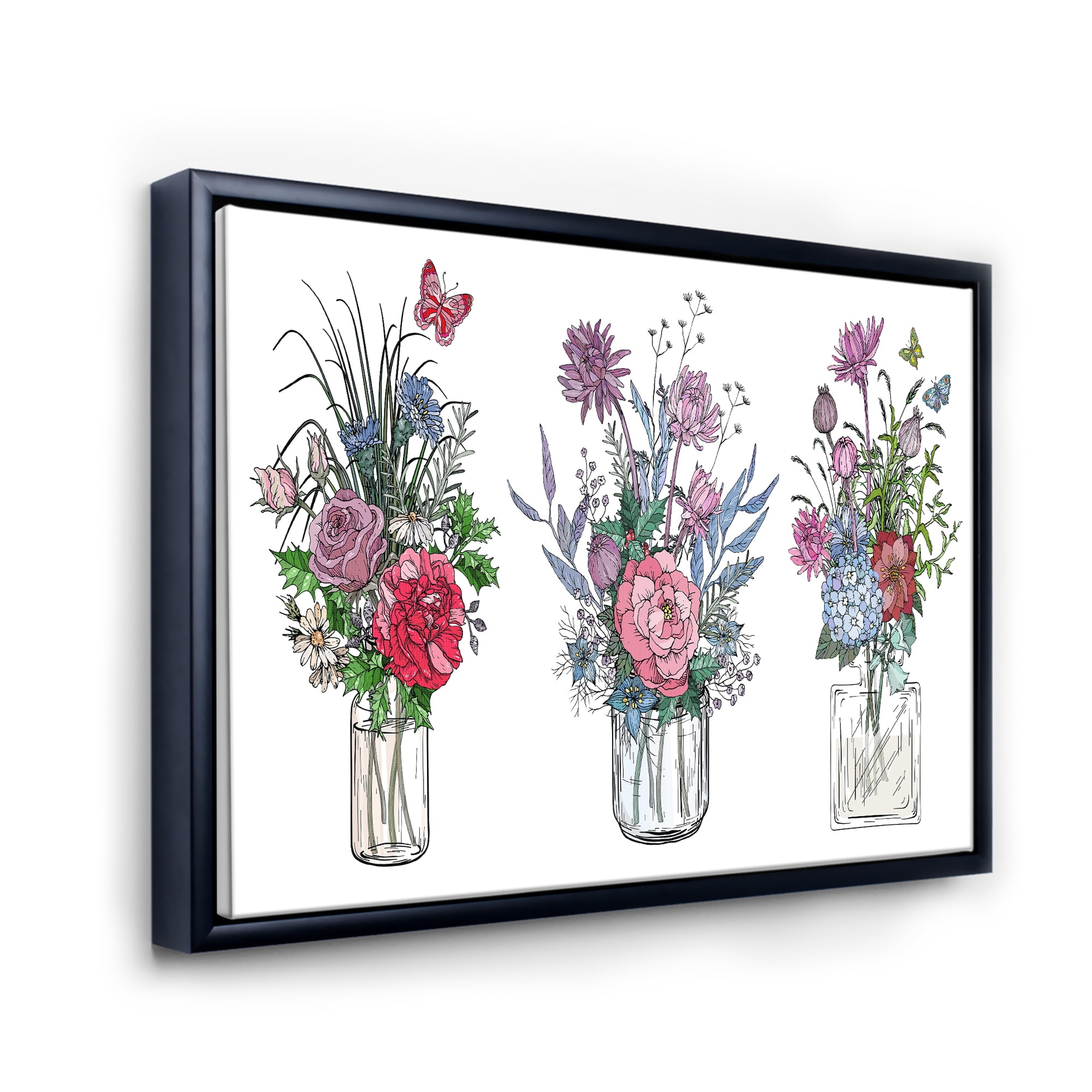 Designart 'Transparent Vases With Bouquets of Wildflowers I' Farmhouse Framed Canvas Wall Art Print