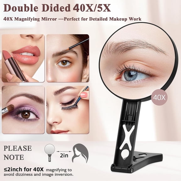 JUNXIAO-Magnifying Mirror 40X/5X Double Sided Hand Mirror, Precision Makeup at 40X Magnification & Overall View at 5XTravel Handheld Magnified Makeup Mirror with Handle & Table Stand, Vanity Cosmetic