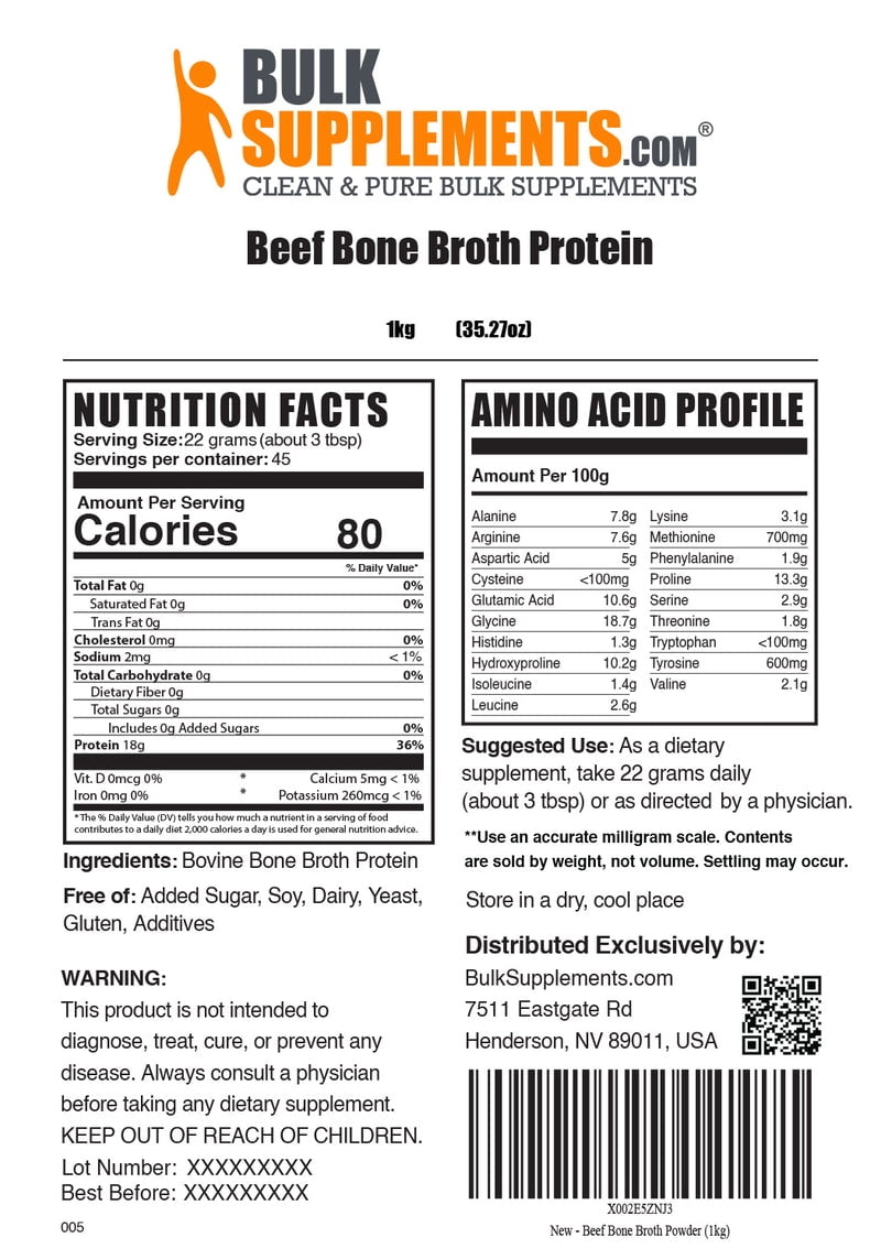 BulkSupplements Beef Bone Broth Protein Powder - Dairy Free & Lactose Free Protein Powder - Unflavored, 22g per Serving, 1kg (2.2 lbs)