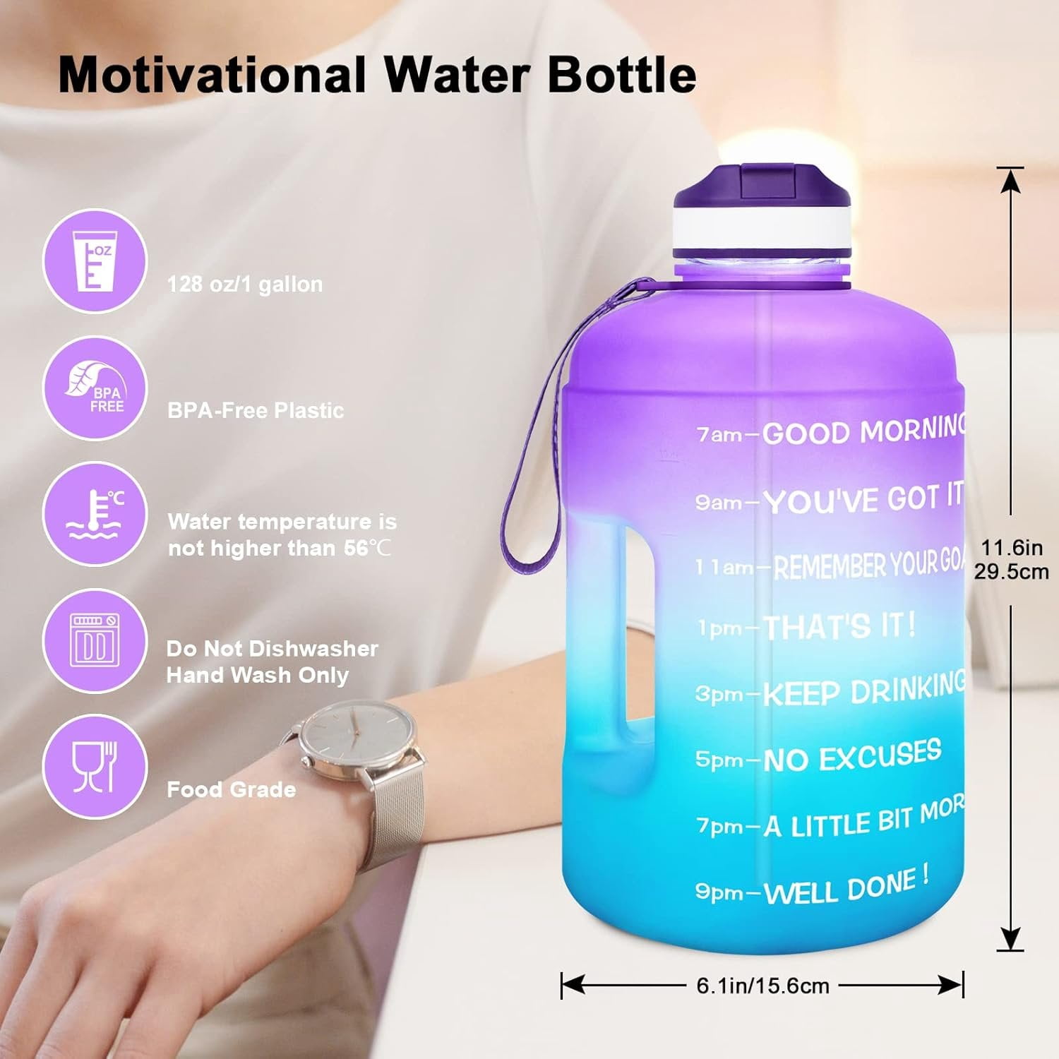 Motivational Gallon Water Bottle - with Straw & Time Marker  Large   Water Jug with Handle for Fitness Outdoor Enthusiasts Leak-Proof
