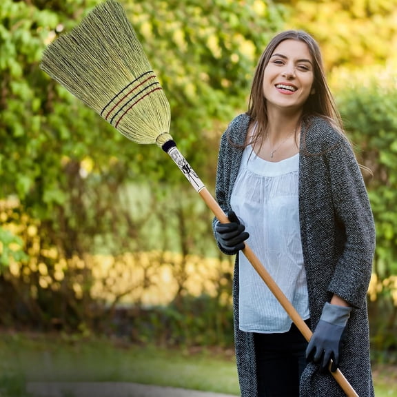 Heavy-Duty Corn Broom – 4-Sew Straw Bristles with Wooden Handle for Indoor and Outdoor Cleaning
