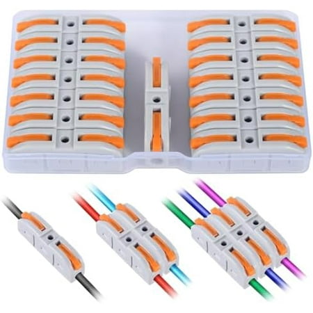 Lever Wire Connectors, 15- Quick Connect Electrical Splicing Kit for Compact Inline Terminals - 28-12 AWG, 1 in 1 Out (Orange, 15)