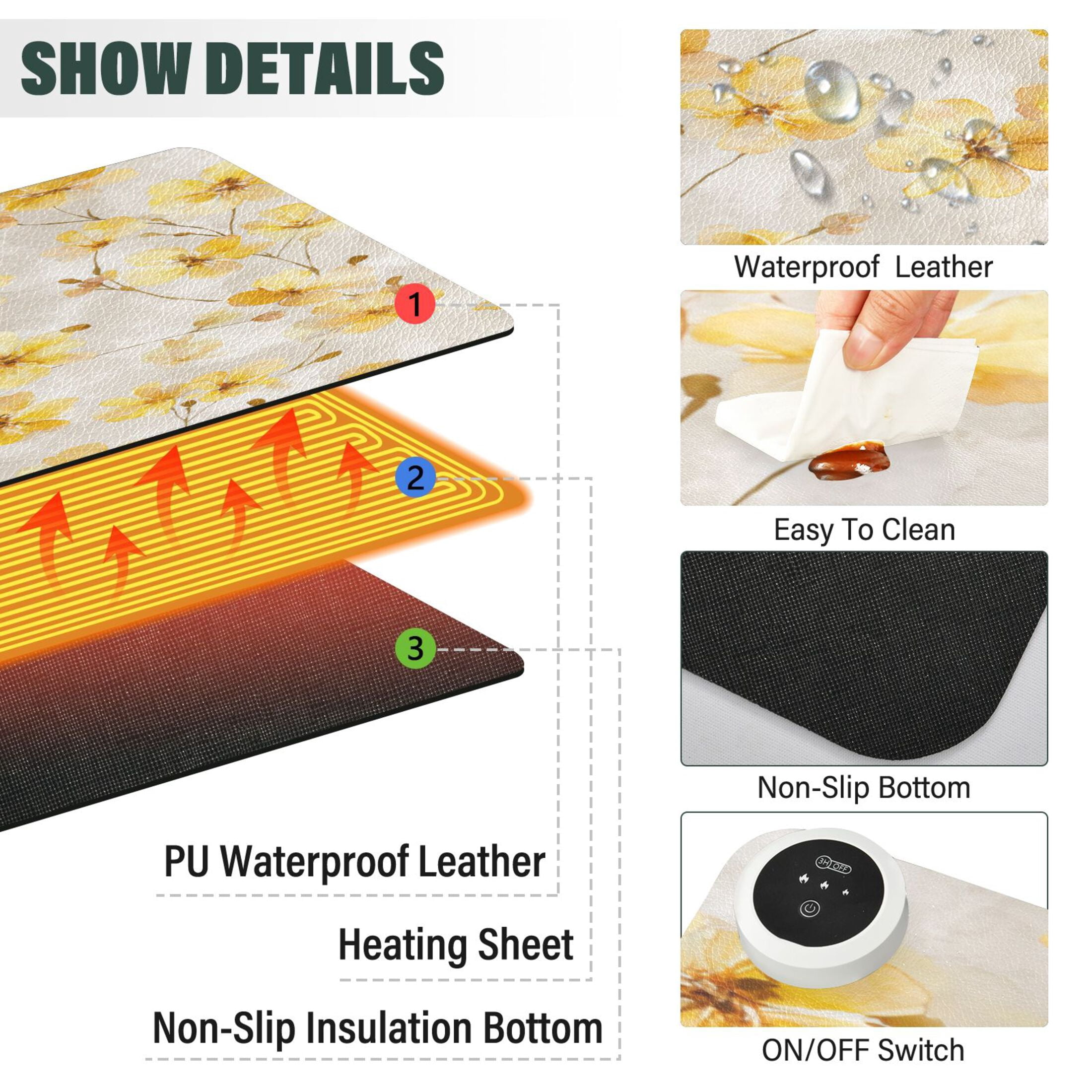 Large Heated Desk Mat Mouse Pad 31.5"x13"PU Leather Graphene Heating Desk Warmer with 3 Temperature Settings 110V US Plug Non-Slip Warm Pad for Home, Office, and Gaming Cream Yellow Watercolor Floral