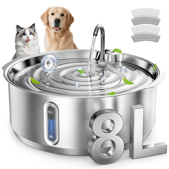 Invengo 8L/2.1Gal Water Fountain for Dogs, Premium Stainless Steel Pet Water Fountain with Double Filtration, Automatic Water Bowl Dispenser for Large Dog Cats & Multi-Pet