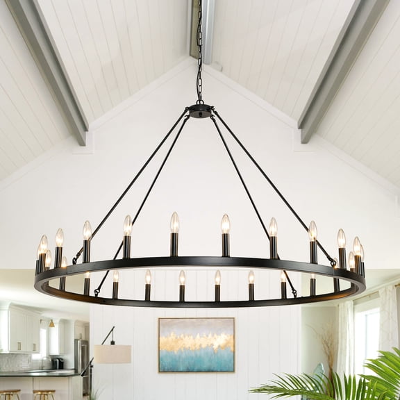 bokifol Black Farmhouse Chandelier Metal,24-lights Rustic Wagon Wheel Chandelier For Living Room Entryway