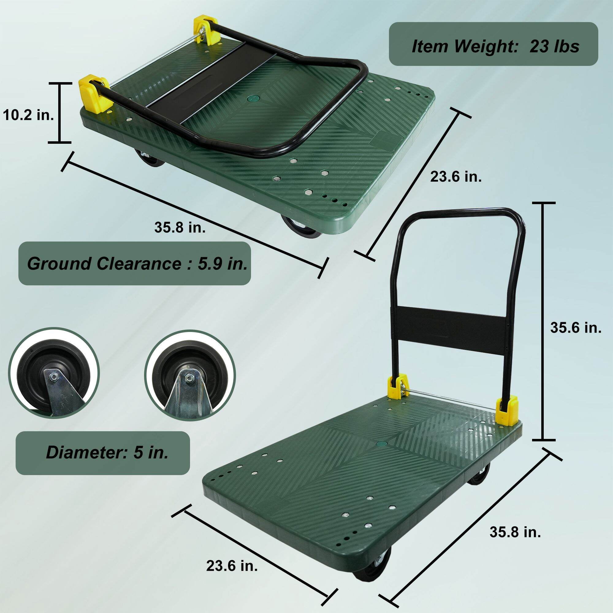 Dolly, Foldable Platform Push Hand Truck Cart, 880 lbs. Weight Capacity, 2 Swivel Brake Wheels, Green Hand Truck,Metal Furniture Dolly, Auto Parts & Transport Hand Trucks & Dollies