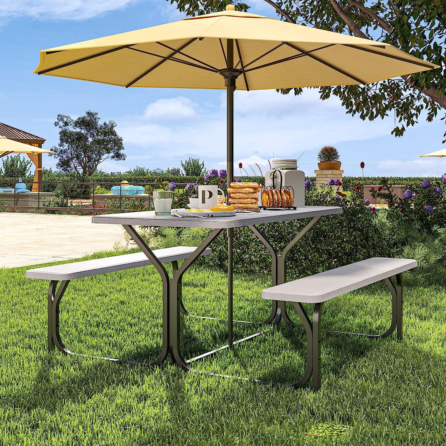 Dextrus Picnic Table Bench Set 6 ft Outdoor Camping with Stable Steel Frame & Wooden Texture Tabletop Weather Resistant w/Umbrella Hole - Light Gray