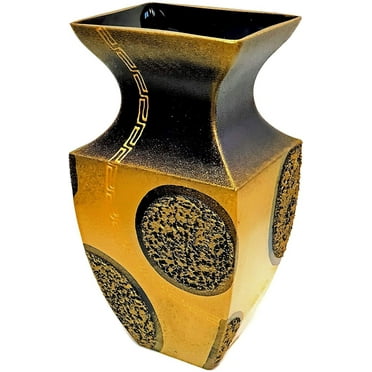 Victoria Bella 12" Decorative Vase, Ornament Black&Gold, European Glass with a Handmade Unique Pattern