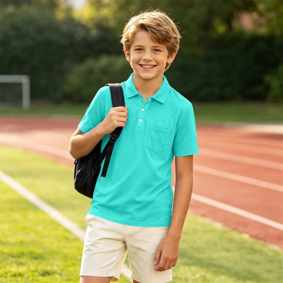 ADSSDQ Boys Soft Short Sleeve Polo T-Shirt Youth Breathable Collared Shirts With 3-Button Classic Casual Tee Tops Size 2-15T