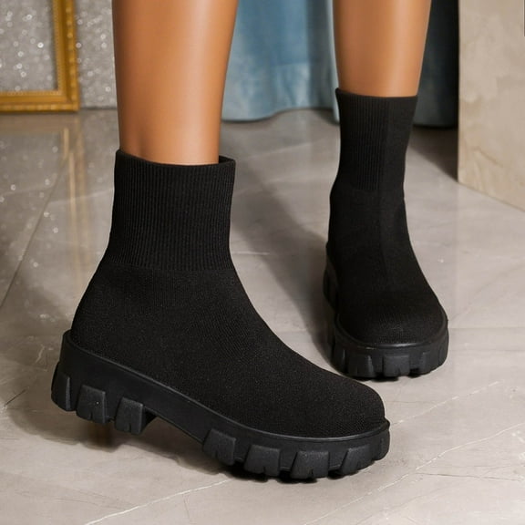 Women's Casual Winter Ankle Boots Knitted Elastic Sleeve Solid Color Round Toe Thick Sole Comfortable Footwear
