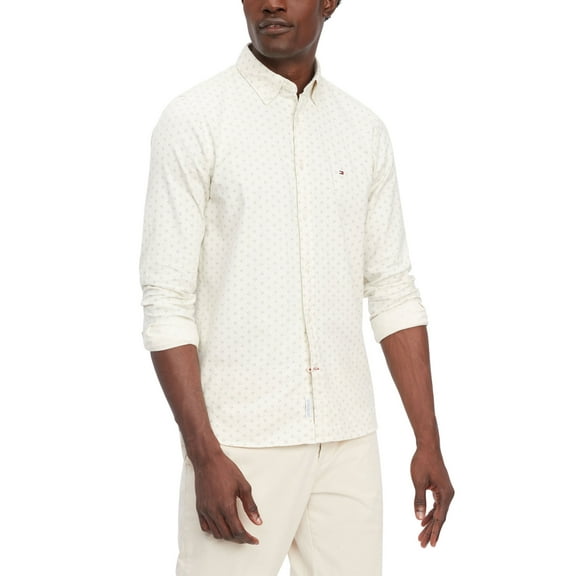 Tommy Hilfiger Men's Slim Fit Twill Button Down Shirt Ecru Blue Small