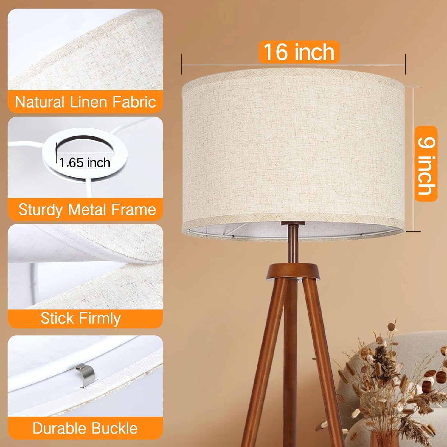 Beige Large Drum Lamp Shades for Floor Lamps, 16" Top x16" Bottom x 9" High, Easy to Assemble, Replacement Linen Lampshades for Table Lamps & Bedside Lamps (1.65" Spider)