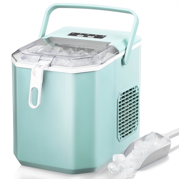 WAA Bullet Ice Maker Countertop with Handle,9 Bullet Ice Cubes Ready in 6 Mins,26 Lbs/24H,Self-Cleaning Portable Ice Machine with Basket and Scoop,for Home/Kitchen,Green