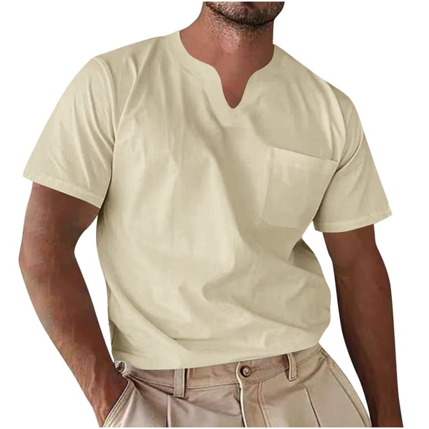 Blusas y camisas de manga corta con cuello en V para hombre, blusa informal de verano a la moda de color liso con cuello en V y bolsillo.