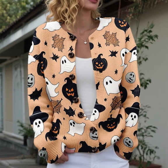 Stralyhd Halloween Cardigan Sweaters for Women Plus Size Novelty Pumpkin Ghost Knit Cardigans Button Down Long Sleeve Soft Lightweight Fall Trendy Outerwear Tops Complexion S