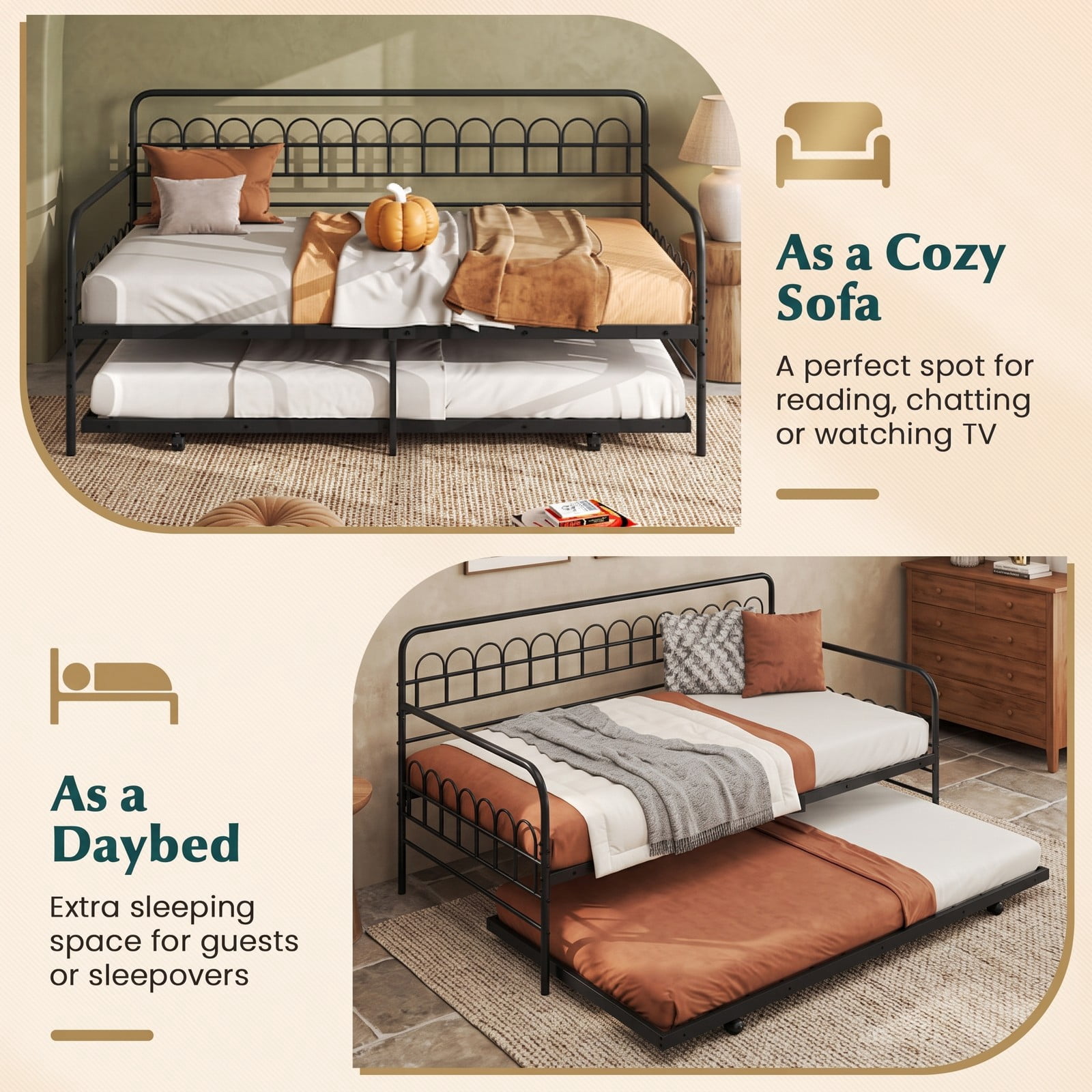 Furnibear Twin Metal Daybed with Pull-Out Trundle and Arched Rail Detailing on Lockable Casters for Bedroom and Guest Room, Black