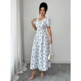 thumbnail image 4 of Blue And White V-Neck Puff Sleeve Waist-Slimming Ditsy Floral Maxi Dress For Women Spring Summer, 4 of 7