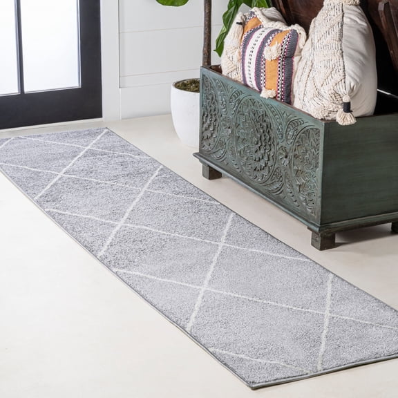 JONATHAN Y SUPERSOFT 2 x 10 Runner Rug, Cole Minimalist Diamond Trellis - Light Gray/White, SEU102G-210