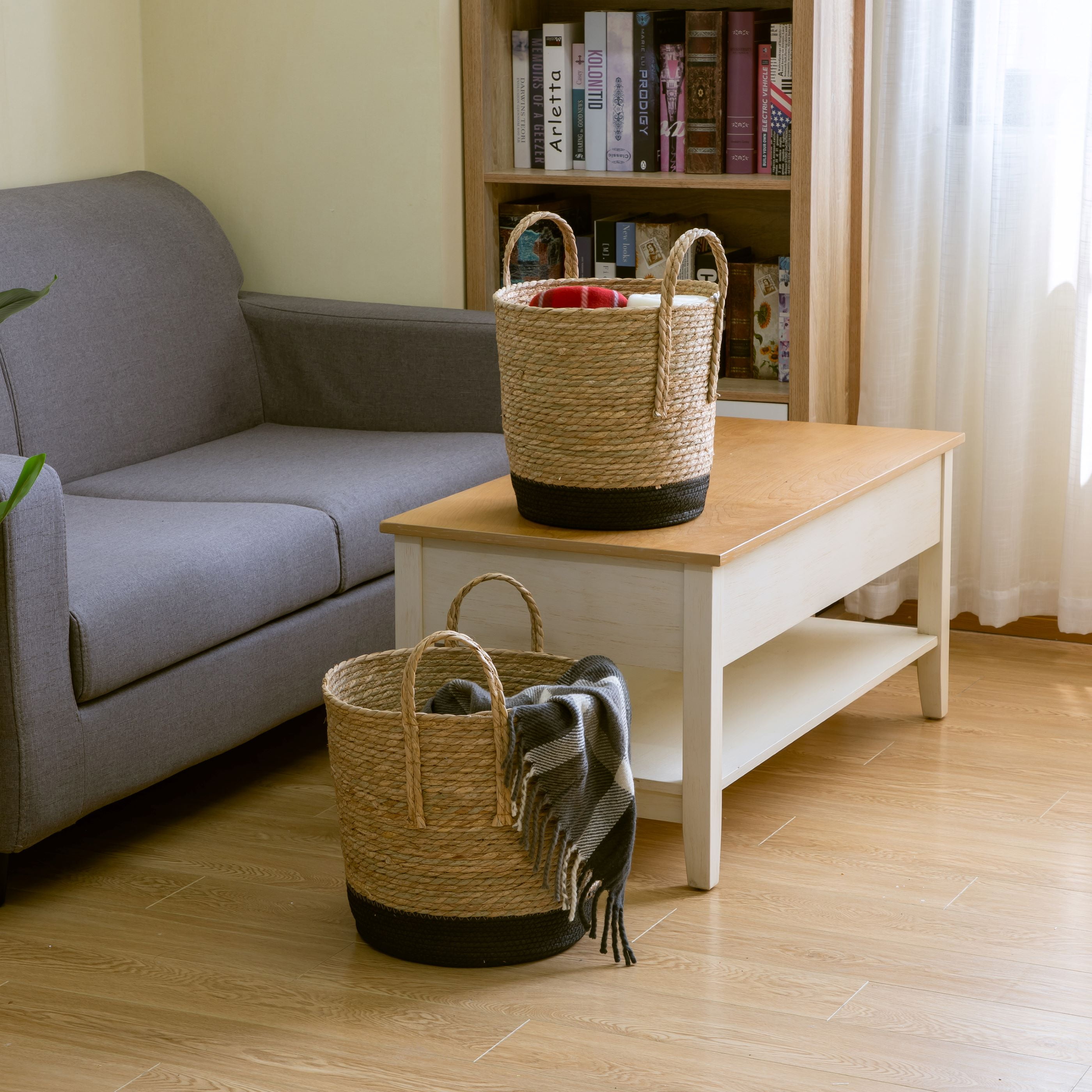 Better Homes & Gardens Natural and Black Round Rush Baskets, Set of 2