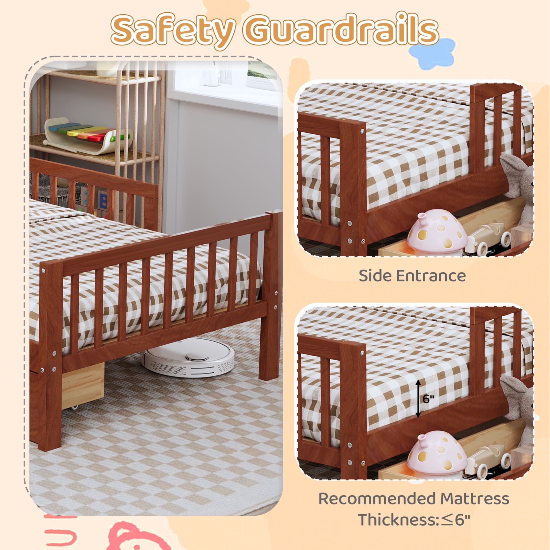 Noble House Twin Bed Frame with Headboard Storage Rack, 2 Drawers, and Safety Guardrails, Walnut