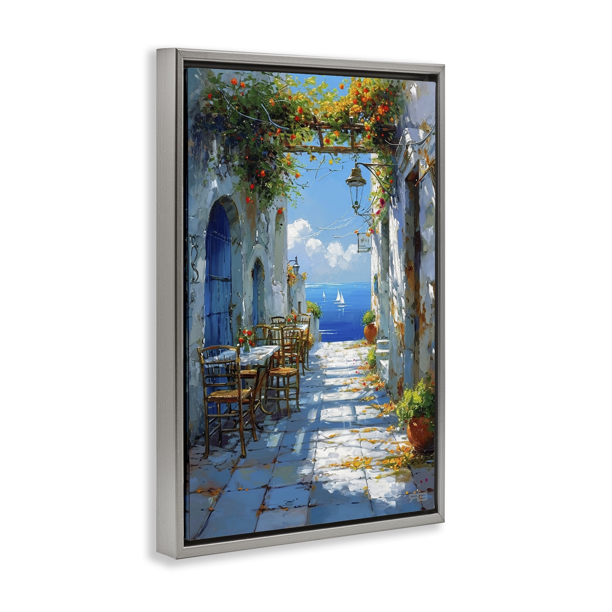 Stupell Industries Quaint Alley by Sea Cities & Countries Painting Gray Floater Framed Canvas Art Print Wall Art, 21 x 31