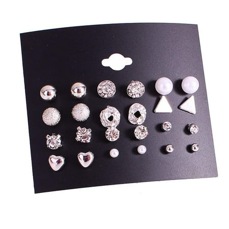 Bogoff Rhinestone - Magik 6~12 Pairs Fashion Rhinestone Crystal Pearl Earrings Set Women Ear Stud Jewelry (Heart 12 Pairs Silver)