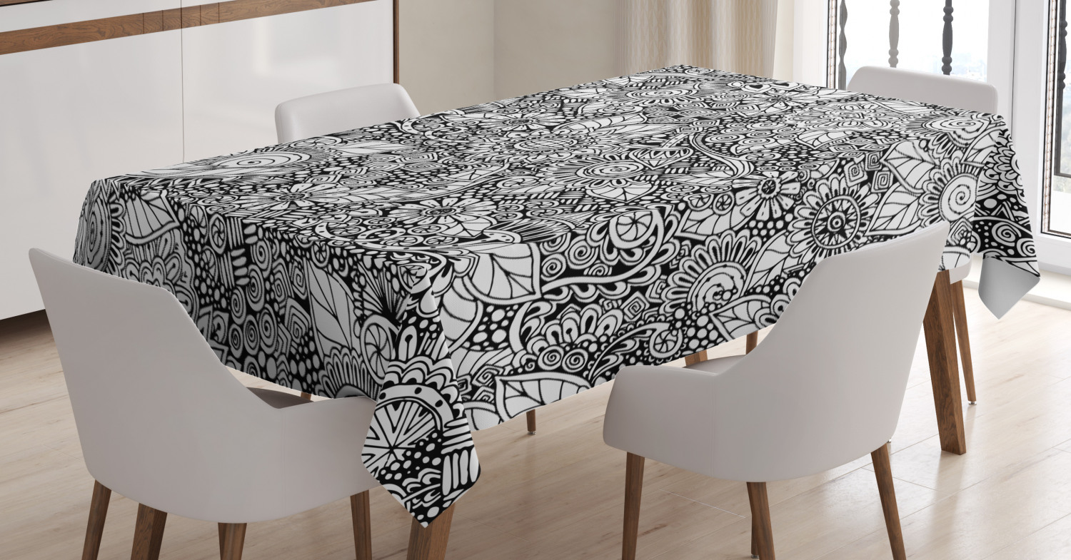 Doodle Tablecloth, Floral Arrangement with Variety of Flowers in Black